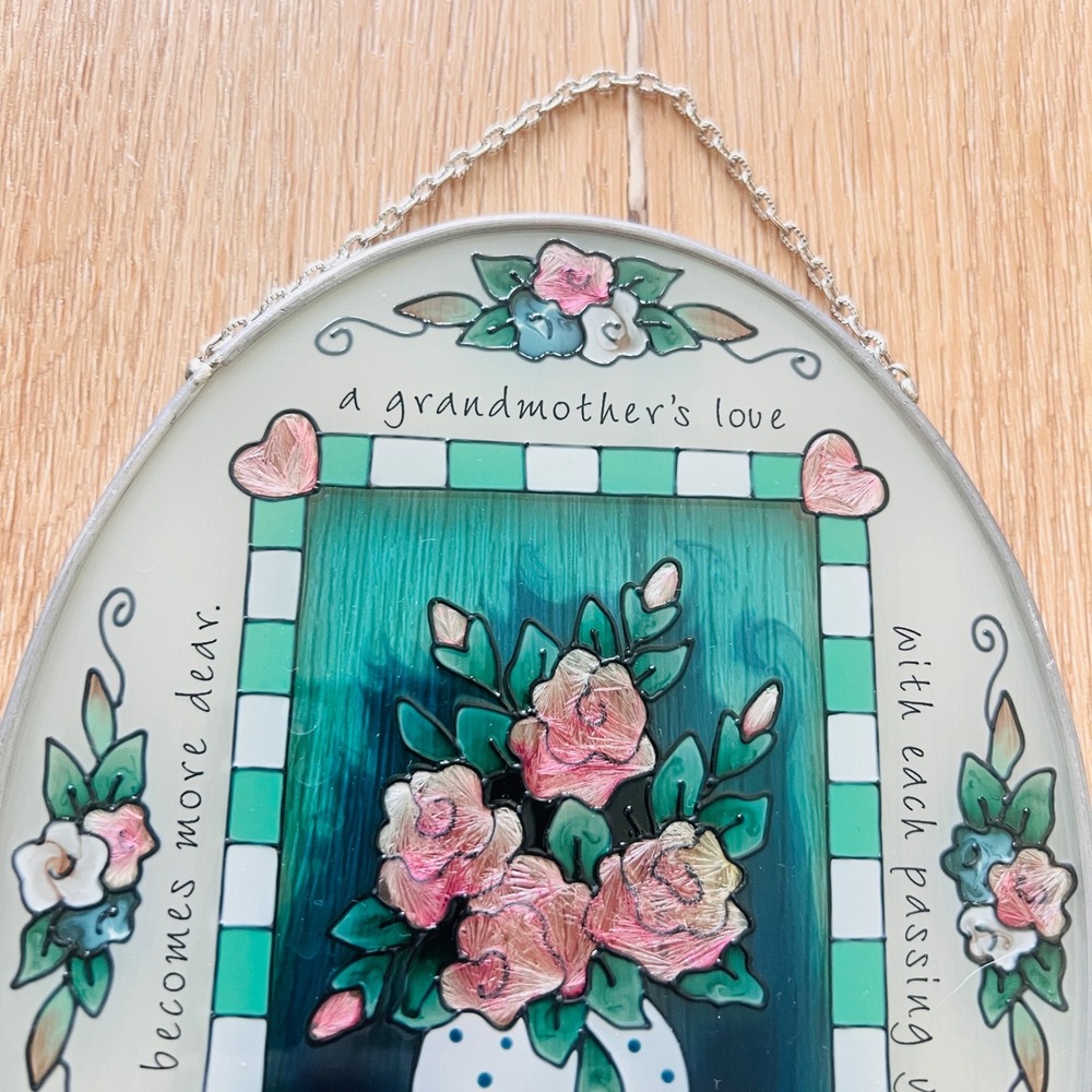 Vtg Grandmother's Love Floral Glass Suncatcher Wall Plaque Decor Cottagecore - Picture 2 of 10